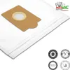 A close-up, angled view of a white vacuum cleaner bag with a brown cardboard attachment and a logo in the top right corner. Produktbild-Vorschau