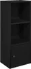 A black wooden bookshelf with one door at the bottom and two open shelves above. Náhľad obrázku produktu