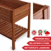 A wooden raised garden bed with a shelf, shown from the side, with marketing text and icons. Produktbild-Vorschau