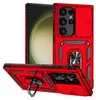A red phone case with a sliding camera cover and ring holder is displayed from multiple angles. Produktbild-Vorschau