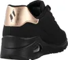A rear view of a black Skechers sneaker with rose gold accents. Voir les images du produit