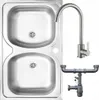 A stainless steel double sink with a faucet and drain assembly, presented on a white background. Podgląd zdjęcia produktu