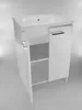 A white bathroom vanity with a sink and open cabinet doors, shown against a light gray and white background. Produktbild-Vorschau