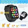 An image showing how to insert a Nano SIM card into a smartwatch, with various SIM card sizes illustrated below. Produktbild-Vorschau
