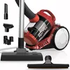 A red and black canister vacuum cleaner with various attachments, presented against a white background. Produktbild-Vorschau