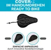 A collage showing a bicycle seat cover, its features, and how it can be adjusted. Produktbild-Vorschau