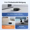Collage of images showing a robot vacuum cleaner in different cleaning scenarios and modes. Produktbild-Vorschau