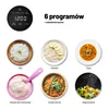 A collage showing different food items prepared using a rice cooker, along with the control panel and program names. Podgląd zdjęcia produktu