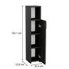 A tall, narrow black cabinet with its door open, showing three shelves. Dimensions are indicated by measurement lines and text. Náhled obrázku produktu
