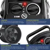 Close-up shots of a black electric heater, highlighting its features with descriptive text overlays. Produktbild-Vorschau