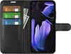 A black leather wallet-style phone case with credit cards and cash inserted, and a phone with a colorful wallpaper displayed. Produktbild-Vorschau