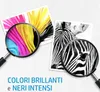 Magnifying glasses are shown over two printed images, one with colorful abstract shapes and the other a close-up of a zebra. Text below highlights "brilliant colors and intense blacks." Náhled obrázku produktu