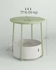 A green round end table with a white basket underneath, showing its dimensions and weight capacity. Náhled obrázku produktu