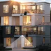 A modern house at dusk, with a solar floodlight illuminating the entrance. The image is split horizontally, showing the same scene during the day and at night. Produktbild-Vorschau