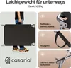 A person is holding a folded gray lounge chair, with close-up images of its features. Produktbild-Vorschau