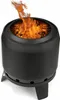 A black, cylindrical outdoor fire pit with flames burning inside, shown from a slightly low angle. Anteprima dell’immagine prodotto
