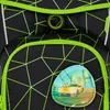 A close-up view of a black backpack with a geometric pattern and a colorful patch featuring a yellow sports car. Produktbild-Vorschau
