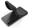A black phone case is shown being placed onto a black smartphone. Produktbild-Vorschau