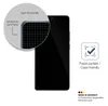 A smartphone screen protector is shown on a black smartphone, with a magnified view of the protector's edge and text describing its features. Náhľad obrázku produktu