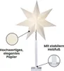 A white star-shaped lamp with a white stand, shown against a white background. Callouts highlight features. Podgląd zdjęcia produktu