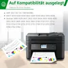A printer is shown with printed charts and graphs, along with a list of compatible printer models. Produktbild-Vorschau
