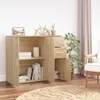 A wooden sideboard with open doors and drawers, displaying books and decorative items, in a room with a plant and curtains. Náhľad obrázku produktu