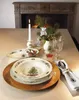 A Christmas-themed table setting with plates, cutlery, a candle, and a vase with pine branches. Produktbild-Vorschau