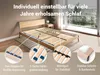 A wooden bed frame with a slatted base, shown with close-up insets highlighting its features, in a bedroom setting with a large window. Produktbild-Vorschau