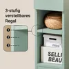 Close-up view of a mint green shelf unit, with a diagram illustrating adjustable shelf heights and examples of items stored on the shelves. Náhľad obrázku produktu