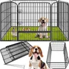 A collage of images showing a black metal pet playpen with animals inside, and disassembled parts of the playpen along with a beagle dog. Náhled obrázku produktu