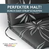 A close-up of a dark gray cushion with a white floral pattern, showing a tie strap. Text overlays highlight product features. Produktbild-Vorschau