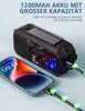 A black solar radio is shown charging a smartphone, with text overlay highlighting its features. Produktbild-Vorschau