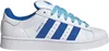 A side view of a white Adidas Campus sneaker with blue stripes and laces. Podgląd zdjęcia produktu