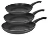 Three stacked frying pans with black handles and speckled gray interiors. Produktbild-Vorschau