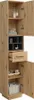 A tall, narrow wooden cabinet with its doors open, displaying various bathroom items on its shelves and in its drawer. Náhled obrázku produktu