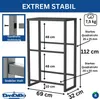 A product image showcasing a metal shelving unit with dimensions and stability features highlighted. Produktbild-Vorschau