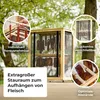 A wooden drying cabinet filled with sausages and meat, set outdoors with trees and greenery in the background. Multiple circular insets highlight specific features. Produktbild-Vorschau
