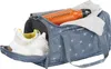 A blue duffel bag with a floral pattern, containing a pair of white sneakers, an orange water bottle, and a gray towel. Náhled obrázku produktu