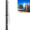 A product shot of a solar shower on a white background, and a lifestyle shot of a woman using a solar shower on a beach. Produktbild-Vorschau