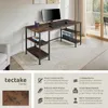 A computer desk with shelves in a room setting, accompanied by marketing text and icons. Náhled obrázku produktu