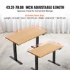 Two adjustable standing desks with wooden tops and black metal legs are shown in a room with curtains in the background. Dimensions are indicated with lines and text. Podgląd zdjęcia produktu