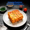 A slice of lasagna on a plate, with a small bowl of chopped herbs and a tomato in the background. Text overlays describe product features. Produktbild-Vorschau