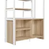 A close-up view of the lower section of a white and wood shelving unit. Voir les images du produit