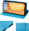 A collage of images showing a blue flip cover wallet case for a Xiaomi Redmi 13C / Poco C65 phone. The main image shows the phone inside the case, propped up. Two smaller inset images show close-ups of the case's closure mechanism and embossed floral patte Produktbild-Vorschau