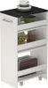 A white and black roll cart with kitchen items on shelves. Voir les images du produit