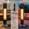 A split image showing an infrared heater in indoor and outdoor settings, with feature callouts in the center. Podgląd zdjęcia produktu