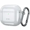 A clear protective case for Apple AirPods with a silver carabiner attached. Produktbild-Vorschau