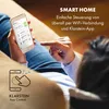 A person is lying on a couch, using a smartphone to control smart home devices. Produktbild-Vorschau