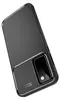 A black carbon fiber textured phone case with a camera cutout is shown against a white background. Produktbild-Vorschau