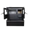 A front view of a black wood-burning stove with its doors open, set against a white background. Produktbild-Vorschau